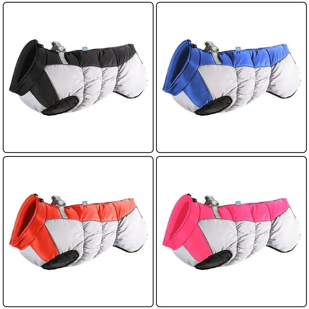 Waterproof dog jacket with built-in harness for large breed winter walks, available in multiple sizes and colours