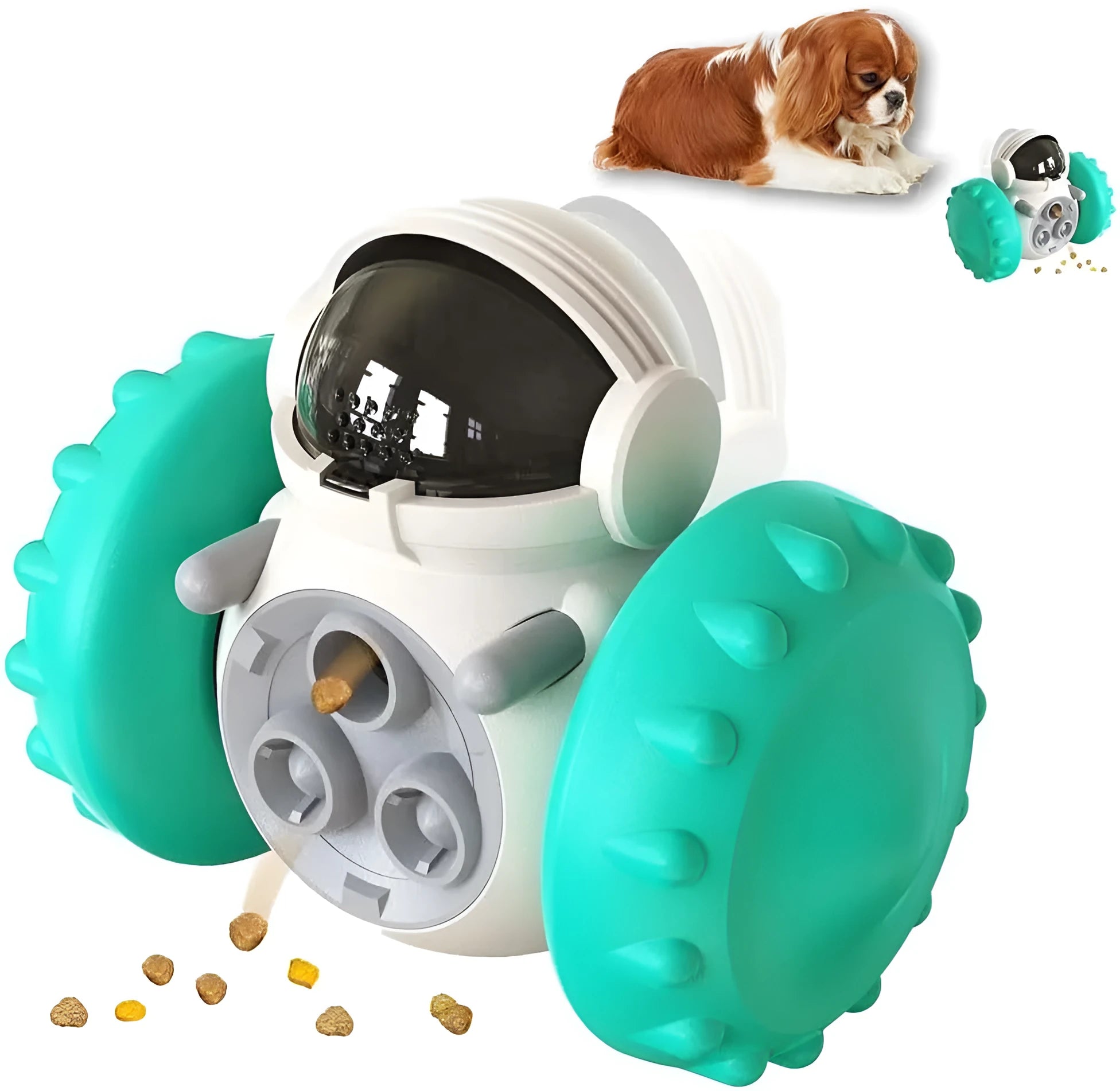Robot design tumbler treat dispenser toy for small dogs and cats on floor