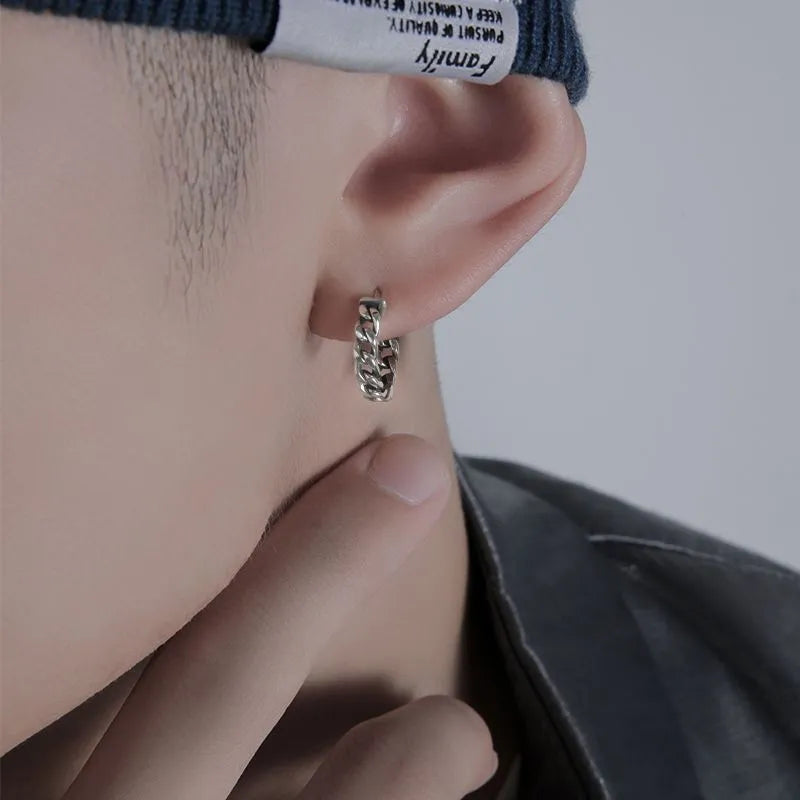 Men's geometric copper hip hop earrings in silver finish, showing 10mm and 14mm size options.