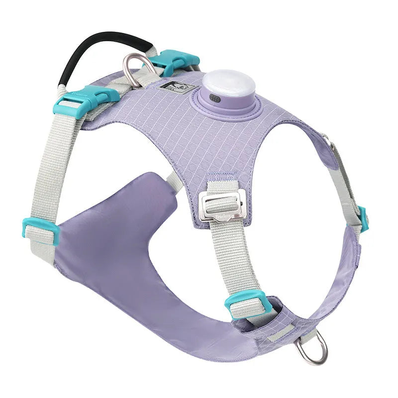 A light purple adjustable nylon dog harness with an LED light on the chest strap.