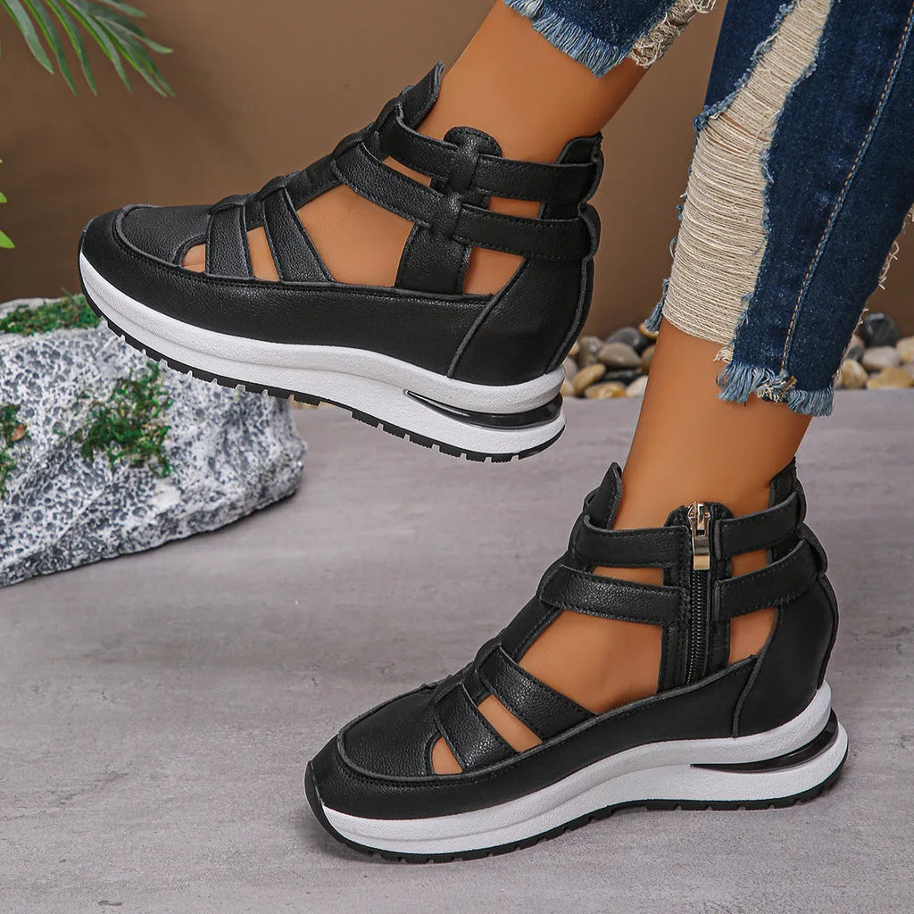 Women's black platform sandals with close-toe design and Velcro fastening