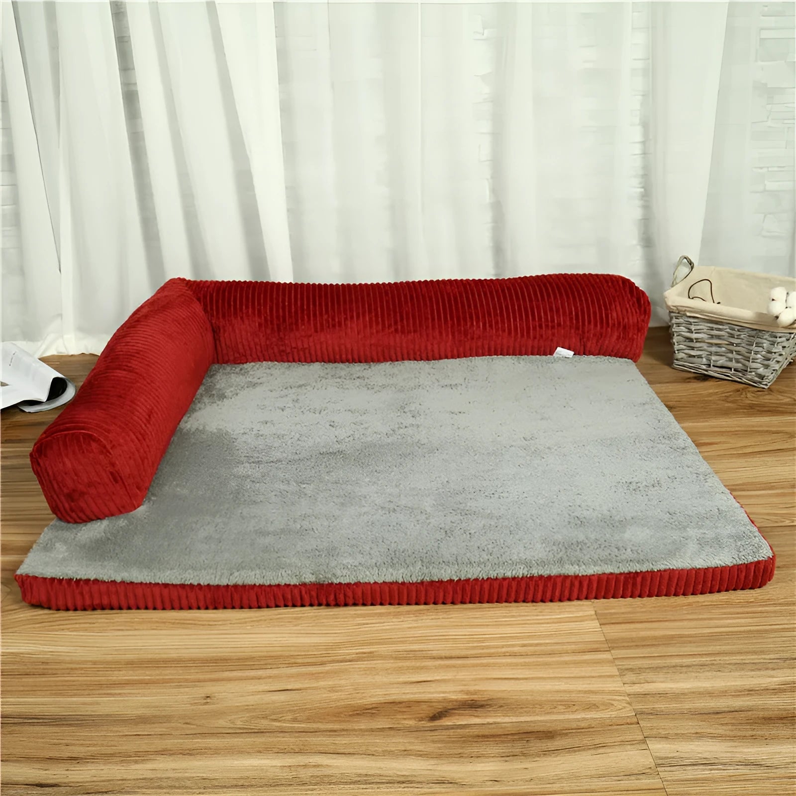 Corduroy dog bed with sponge padding on non-slip base in grey colour