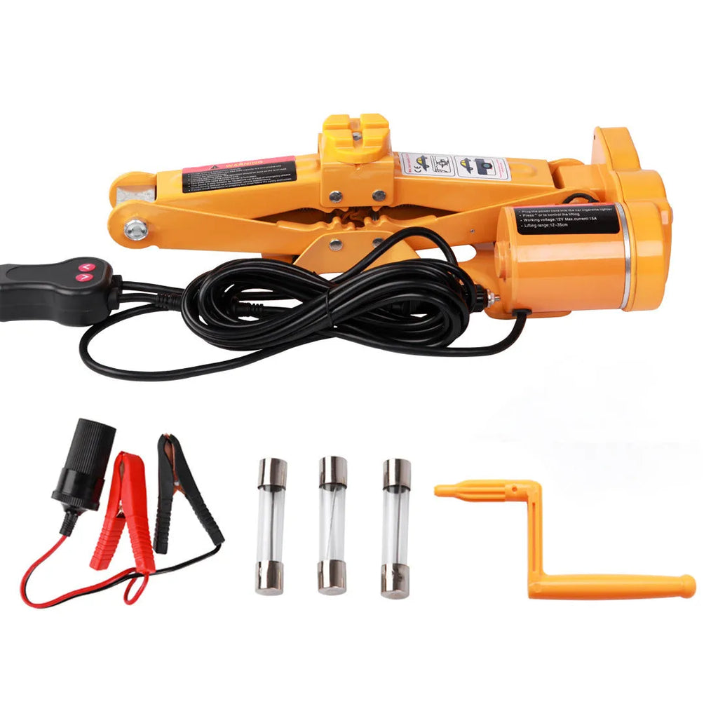 TY002 electric vehicle jack kit with 2 tonne capacity shown next to car tyre