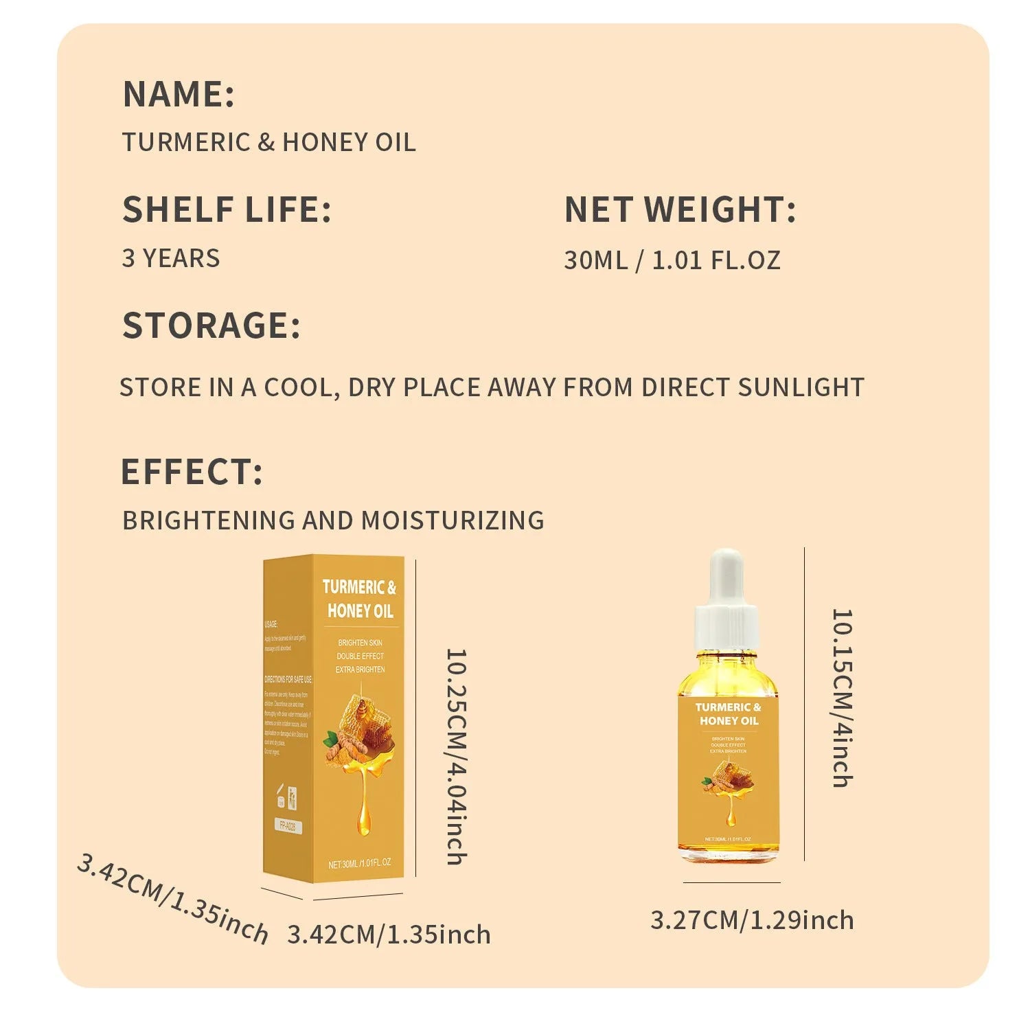 30ml turmeric honey essential oil bottle in white packaging for facial skincare