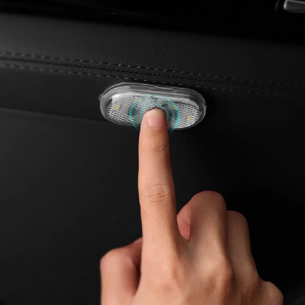 Touch-sensitive USB rechargeable car atmosphere lamp showing ice blue LED light with Velcro mount