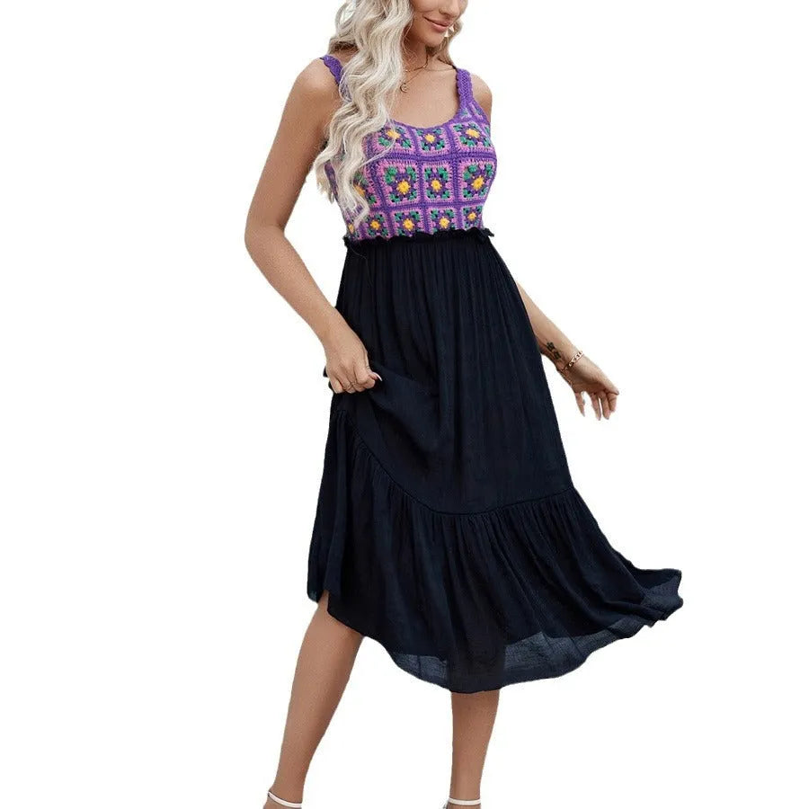 Purple sleeveless dress with hand-hooked floral embroidery pattern on cotton blend fabric