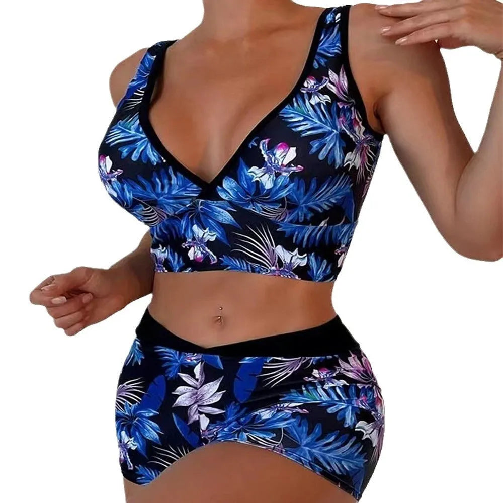 Women's printed polyester two-piece swimsuit with boxer shorts and sleeveless top