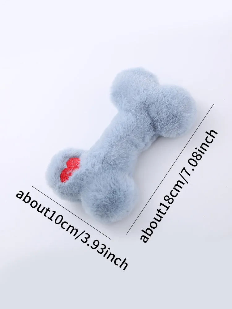 Plush bone-shaped dog toy in blue, pink or yellow with a squeaker for interactive chewing play.