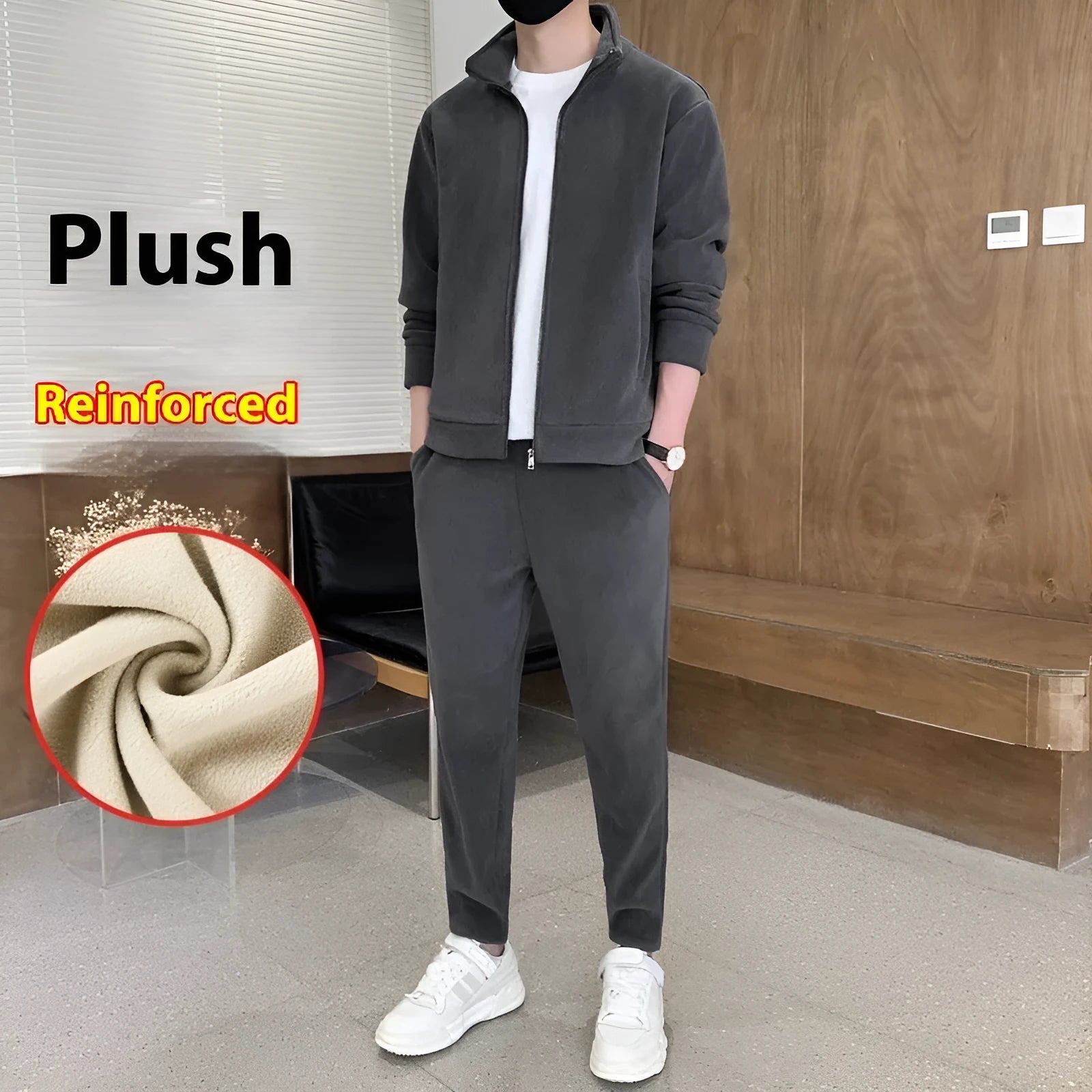 Men's sports leisure cardigan suit set in grey with long sleeve top, trousers, and matching shoulder bag on model