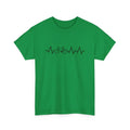 Green cotton short-sleeve t-shirt with white letter print pattern, shown on hanger