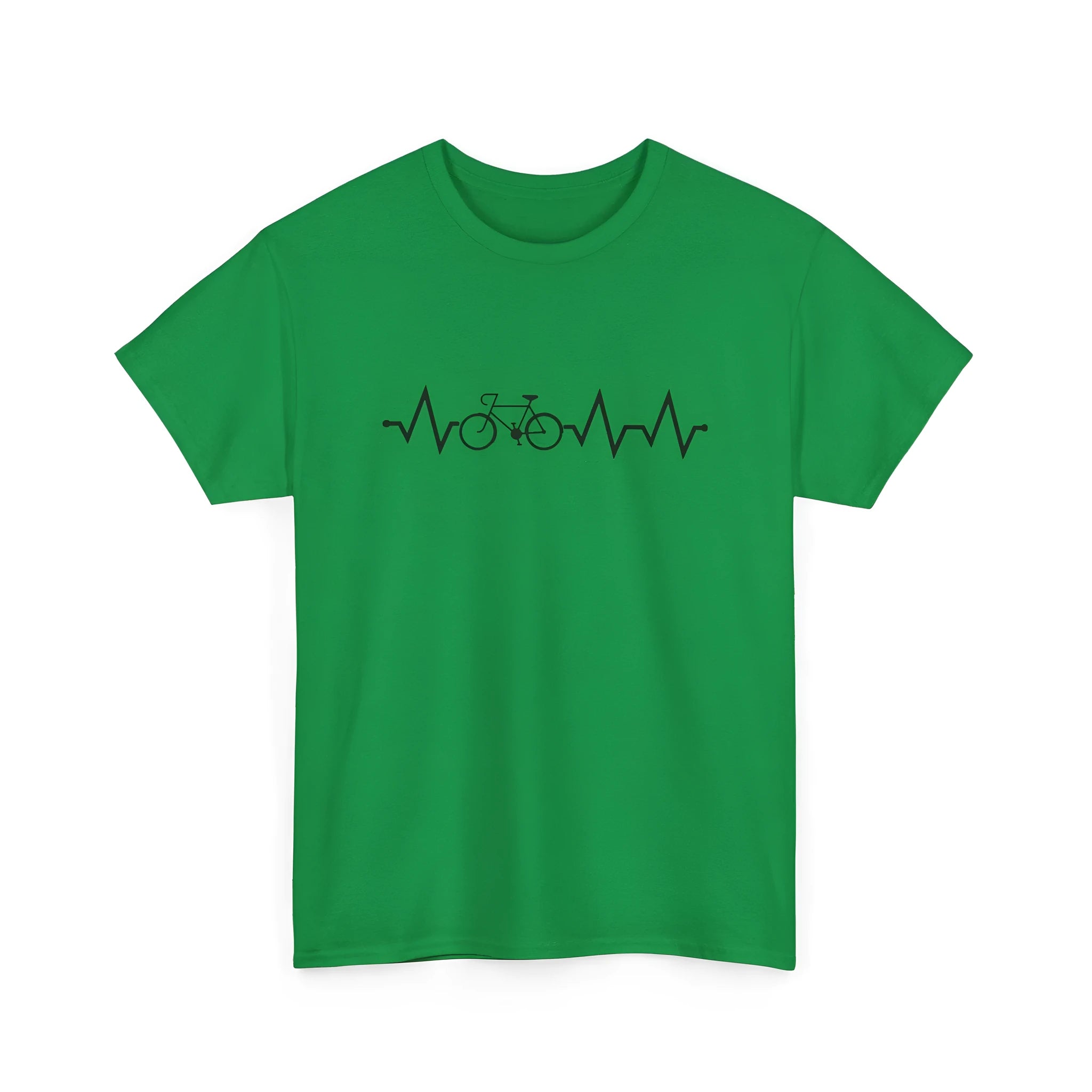 Green cotton short-sleeve t-shirt with white letter print pattern, shown on hanger