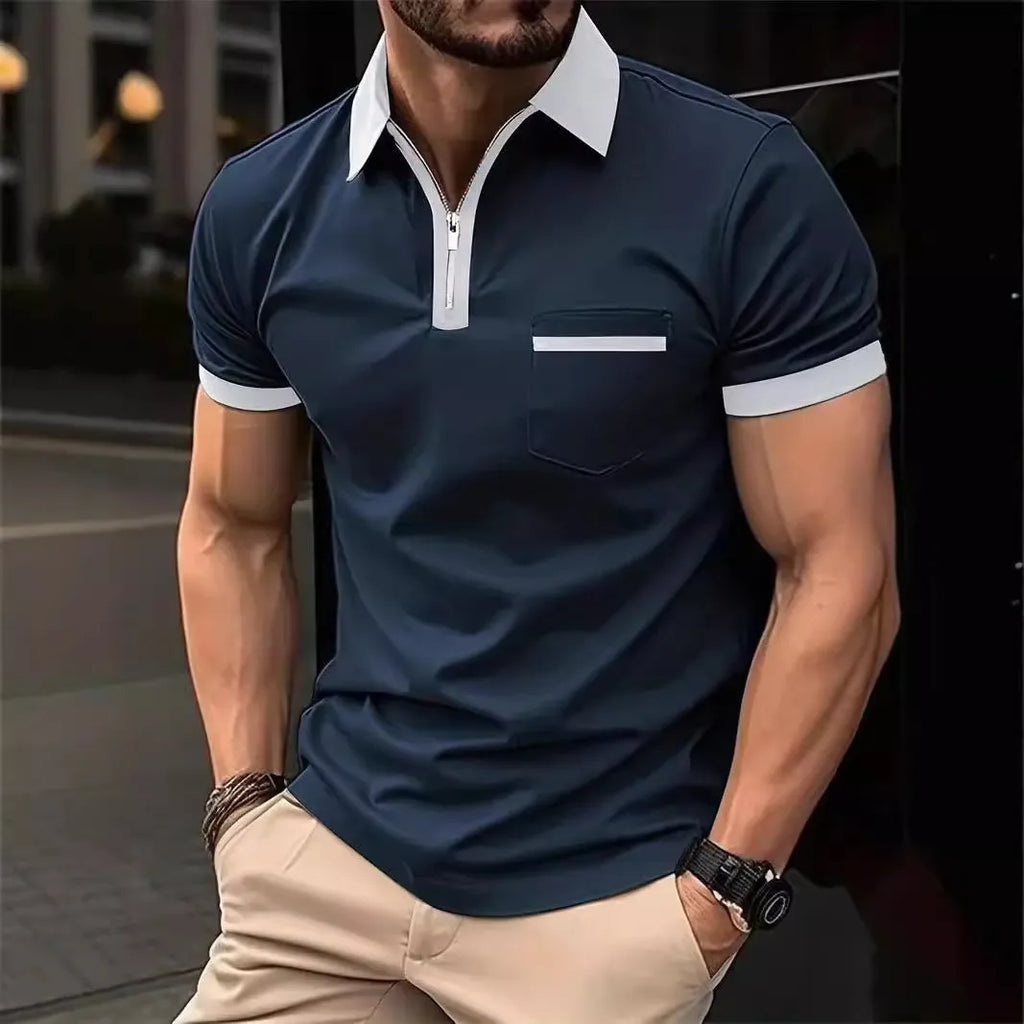 Men's loose fit short sleeve shirt with chest pocket and zipper decoration in multiple colour options