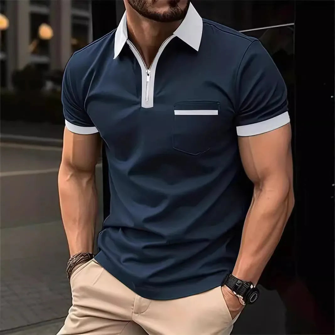 Men's loose fit short sleeve shirt with chest pocket and zipper decoration in multiple colour options