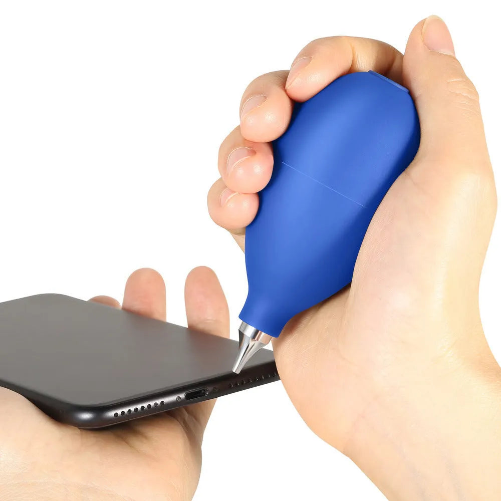 Blue rubber dust removal air blower cleaning tool for cameras and phones.