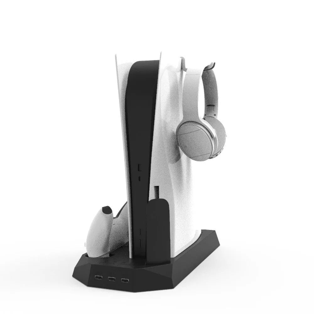 PS5 charging base radiator in black or white with controller charging ports and headset storage hook