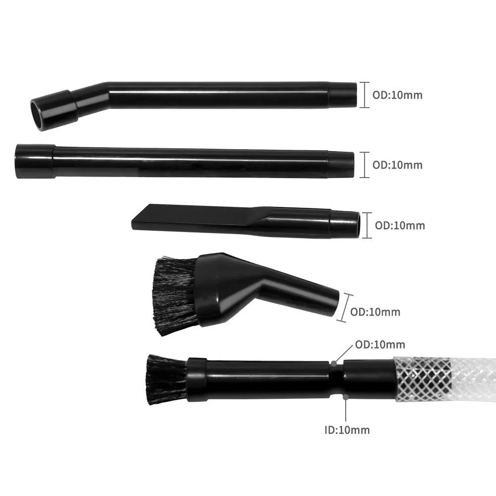 Eight-piece vacuum cleaner accessory set with small suction heads for detailed cleaning in compact rooms