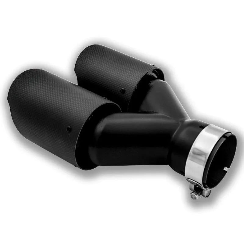 Black carbon fibre dual outlet car exhaust pipe silencer, 250mm long.