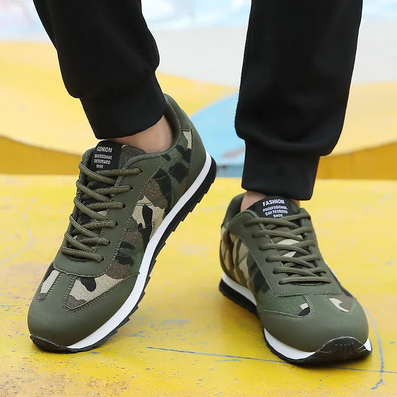 Camouflage pattern suede low-top running shoes with mesh lining on a flat foam sole.