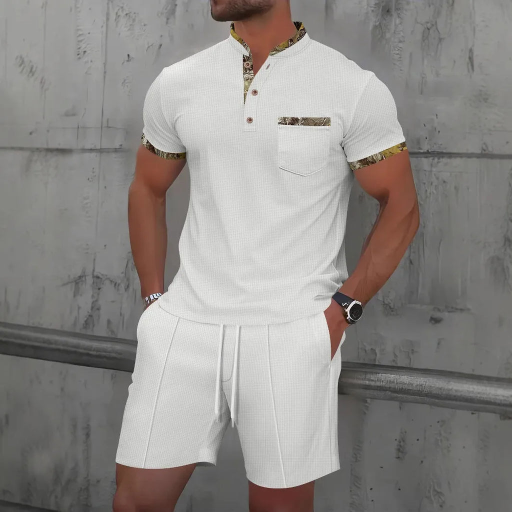Men's grey cotton blend summer suit set with polo collar top and matching shorts