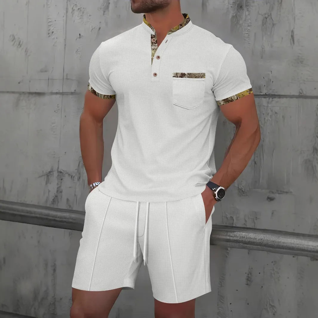 Men's grey cotton blend summer suit set with polo collar top and matching shorts