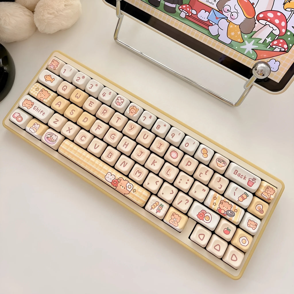 Rabbit Bear Restaurant themed PBT plastic keycaps for mechanical keyboards showing thermal sublimation printing