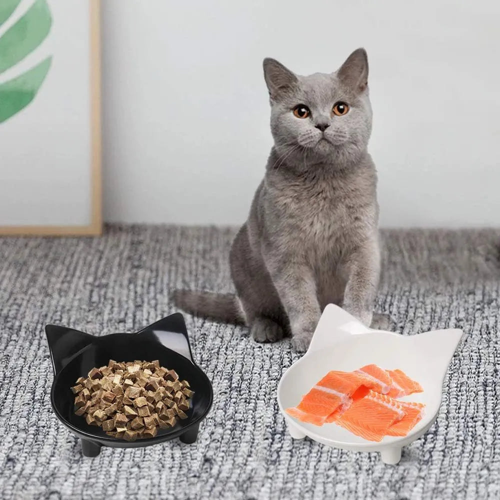 Shallow non-slip cat food bowl with anti-skid rubber base in black colour