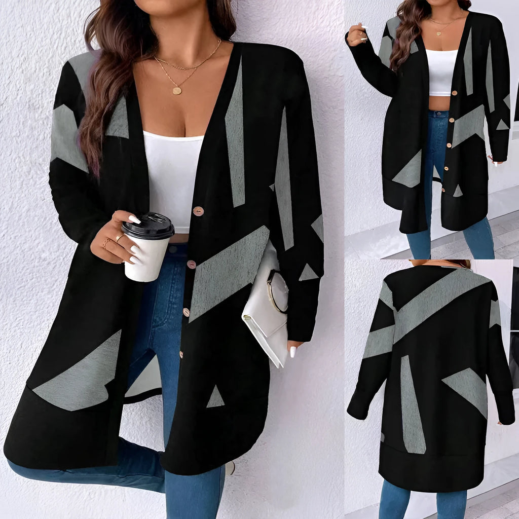 Black plus size cardigan coat with button fastening and printed detailing in Japanese Korean casual style