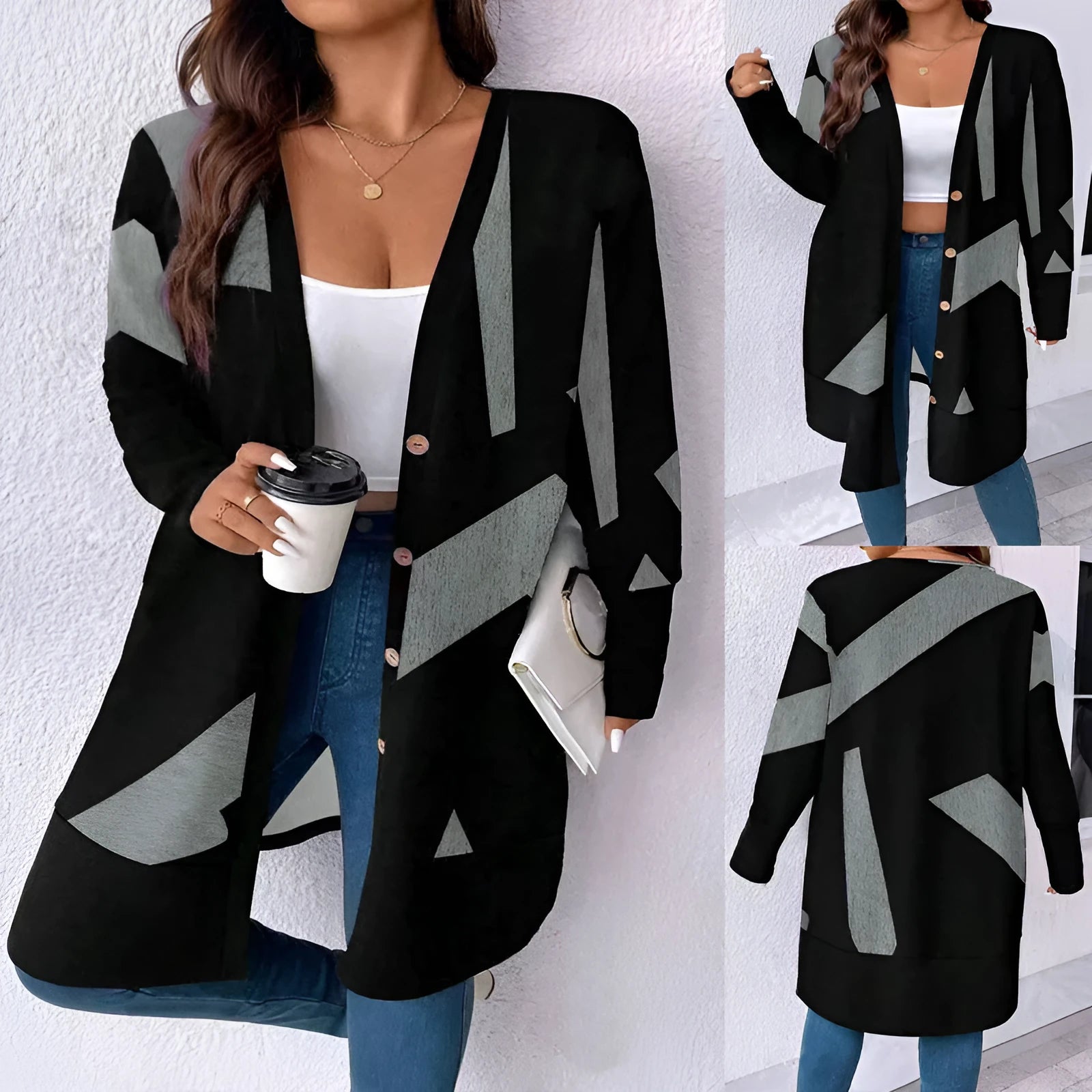 Black plus size cardigan coat with button fastening and printed detailing in Japanese Korean casual style