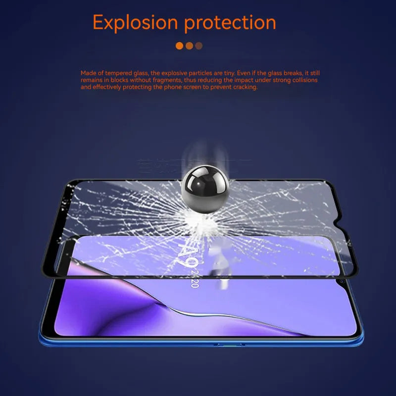 OPPO A9 2020 full screen tempered glass protector in black with anti-fingerprint coating