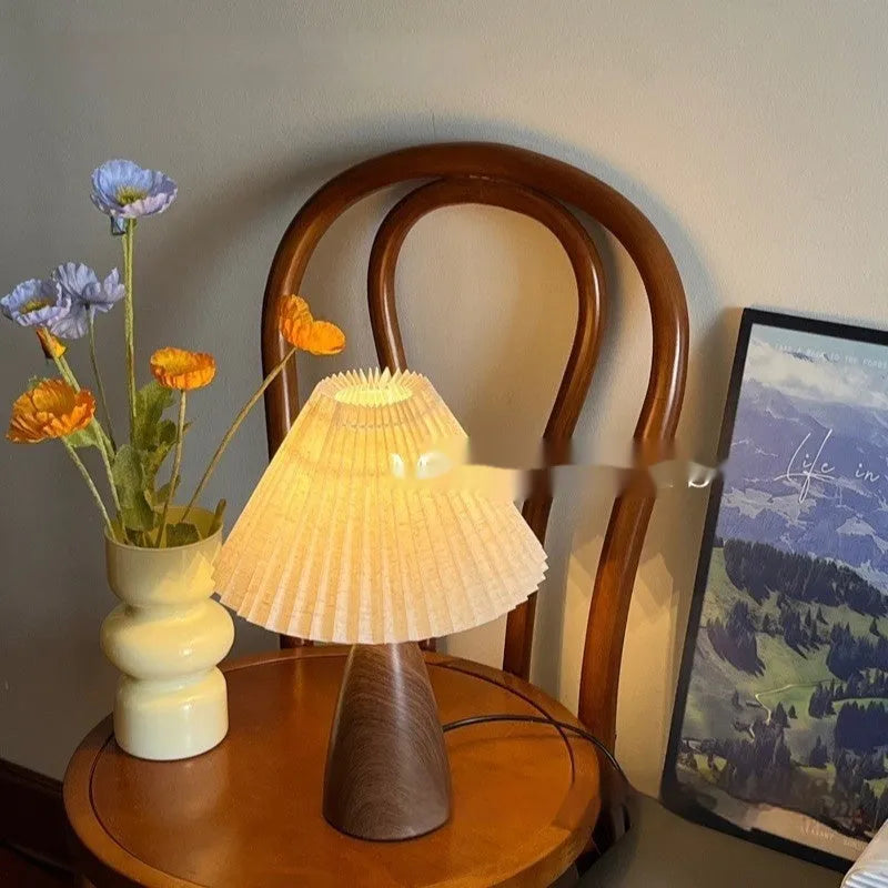 Nordic retro ceramic table lamp with pleated shade on bedside table, remote control included