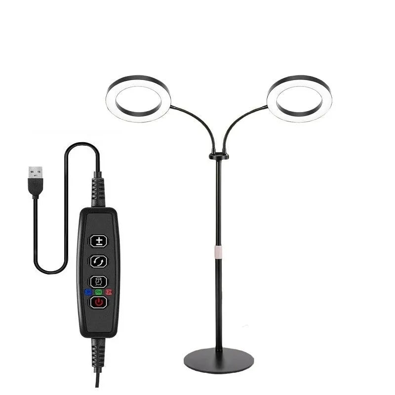 White 6-inch angel ring LED plant grow light on a tall, slender adjustable floor stand.