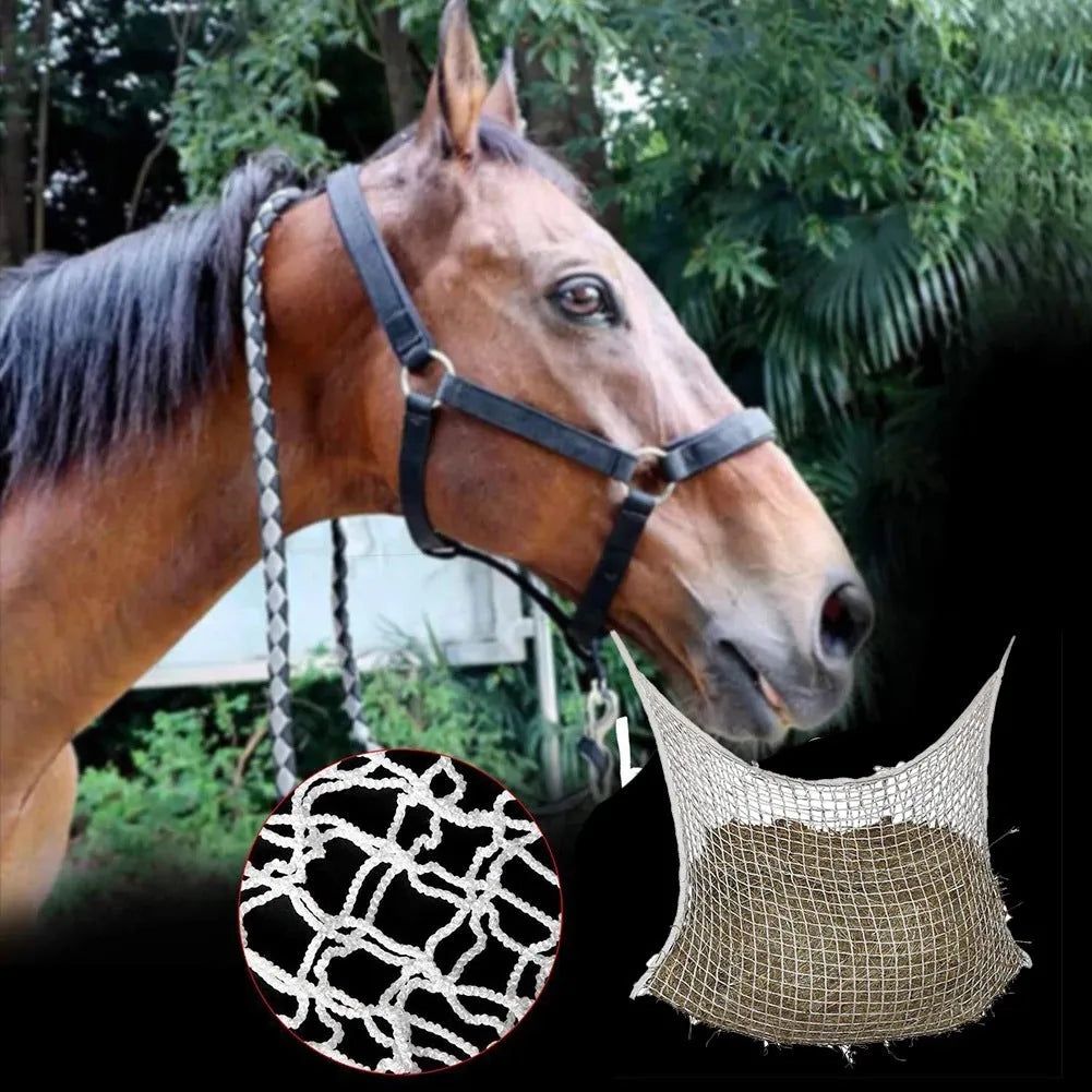 Black woven grid hanging feeding bag for horses and cattle, showing the PE rope construction.