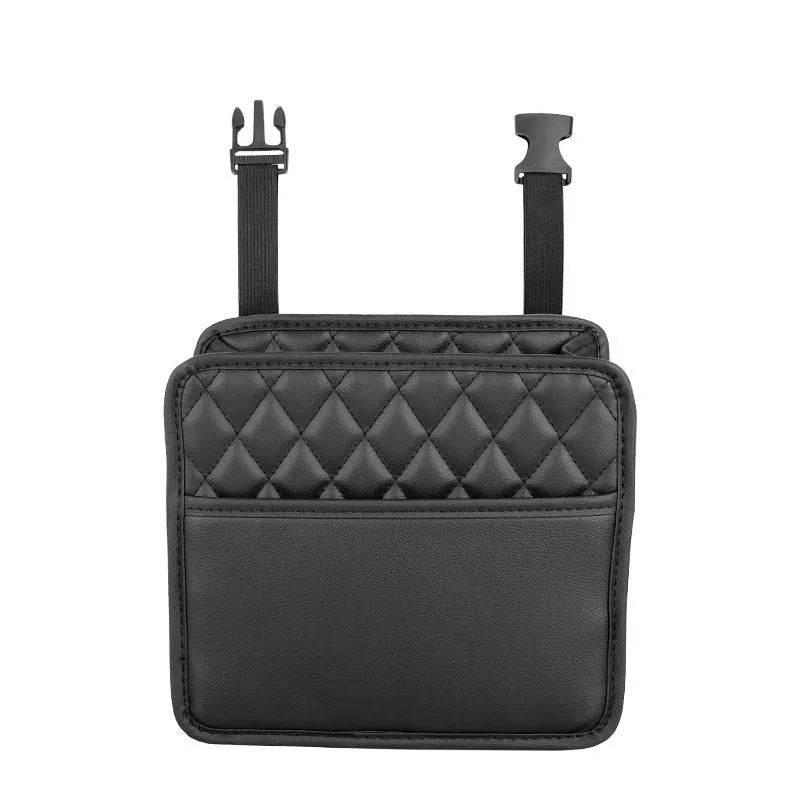 Black leather hanging storage bag for car interior, shown with dimensions 25cm by 25cm.