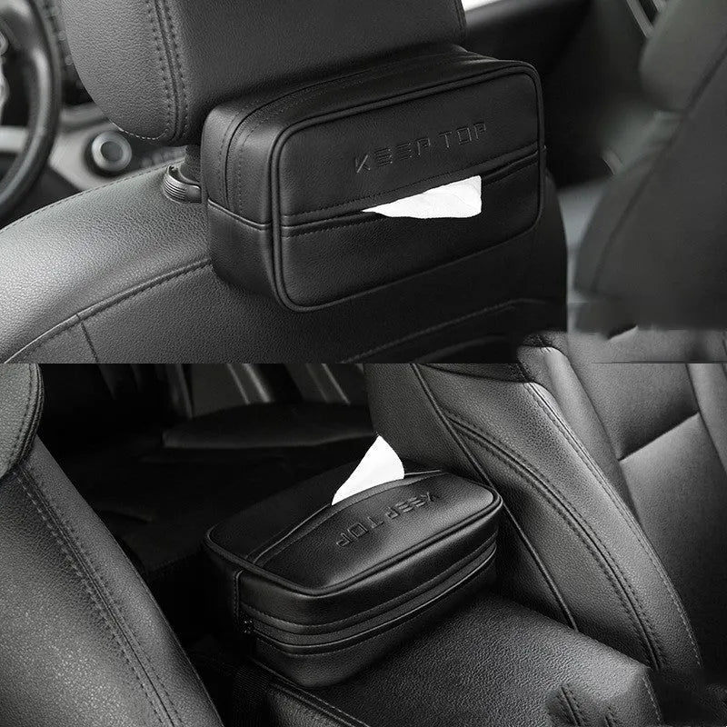 Black PU leather hanging storage bag with zip for car and home organisation