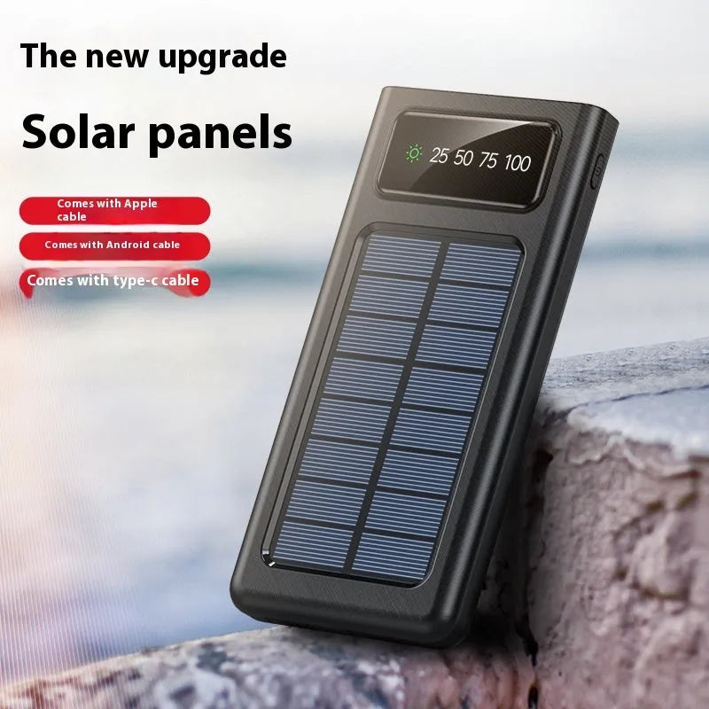 Solar power bank with integrated charging cable in black or white plastic casing