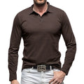 Men's long sleeve polo collar t-shirt in cotton, shown in retro style on a model.