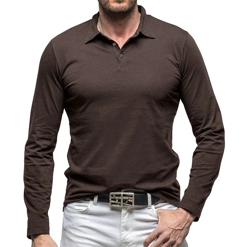 Men's long sleeve polo collar t-shirt in cotton, shown in retro style on a model.