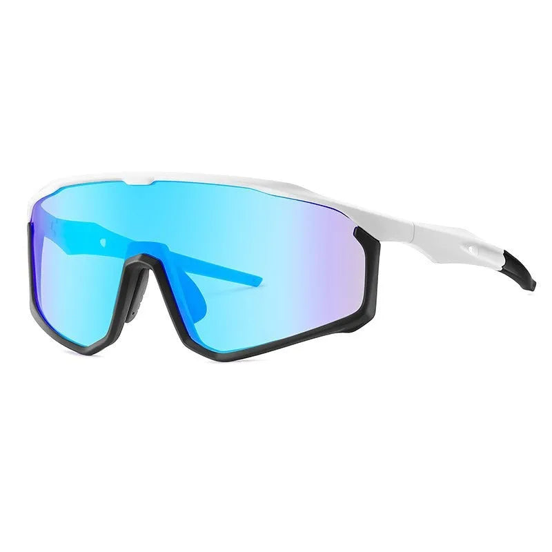Colourful mountaineering goggles with full-frame design and UV-protective PC lenses for climbing and snow sports.