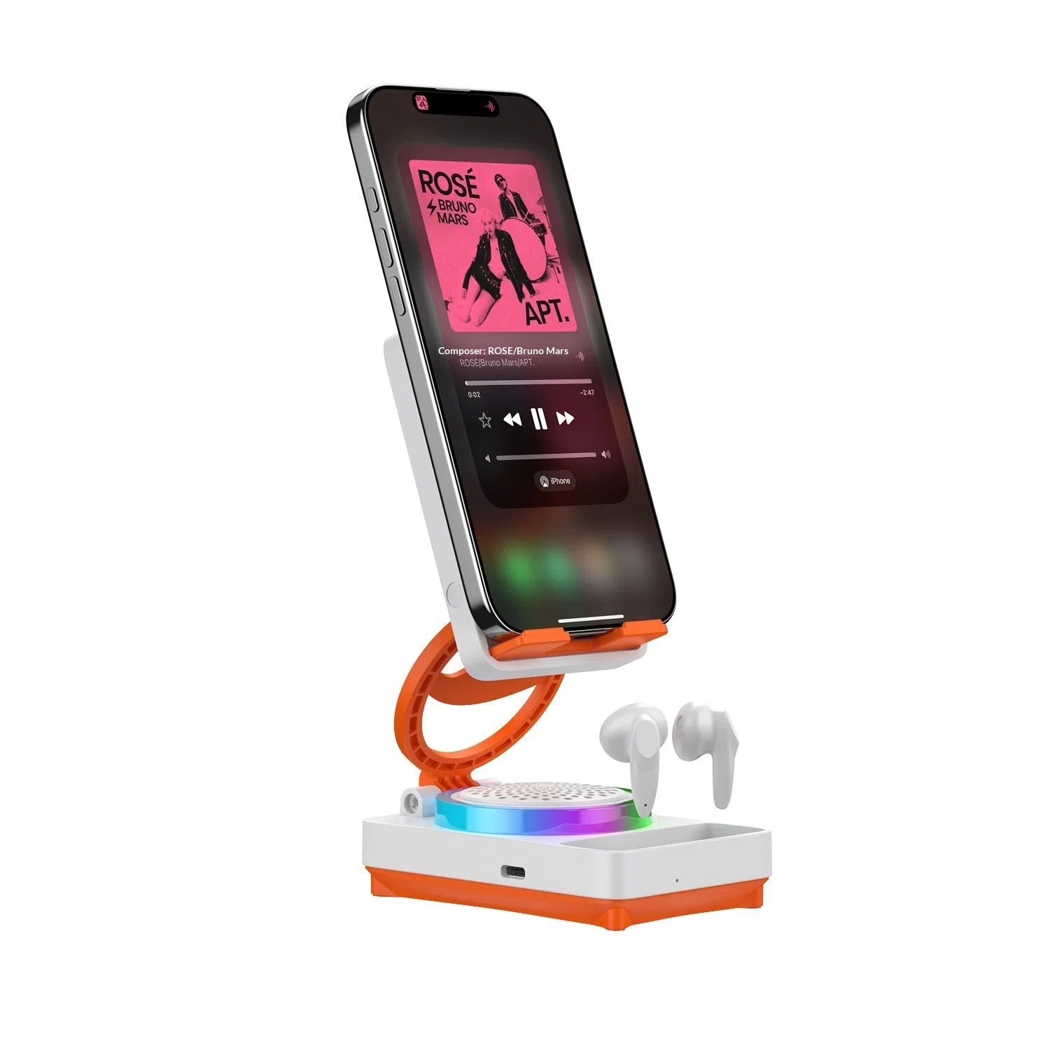 Multifunctional mobile phone holder with built-in 3W speaker, available in black and white