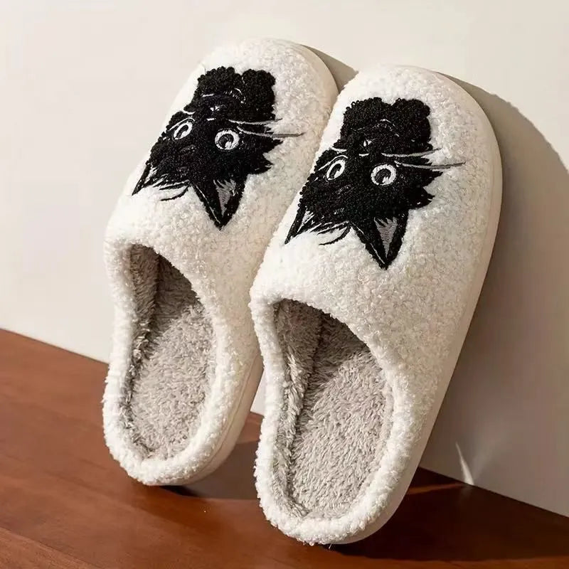 White plush cartoon black beard cat couple cotton slippers for adults with non-slip soles.