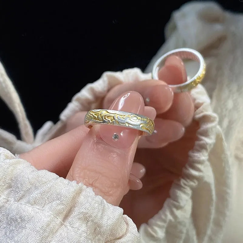 White copper ring with xiangyun pattern, electroplated silver and gold finish, geometric open mouth design