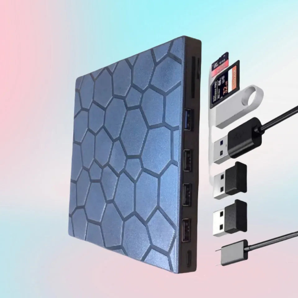 Black external USB CD drive and writer with compact rectangular design for laptops and desktop computers