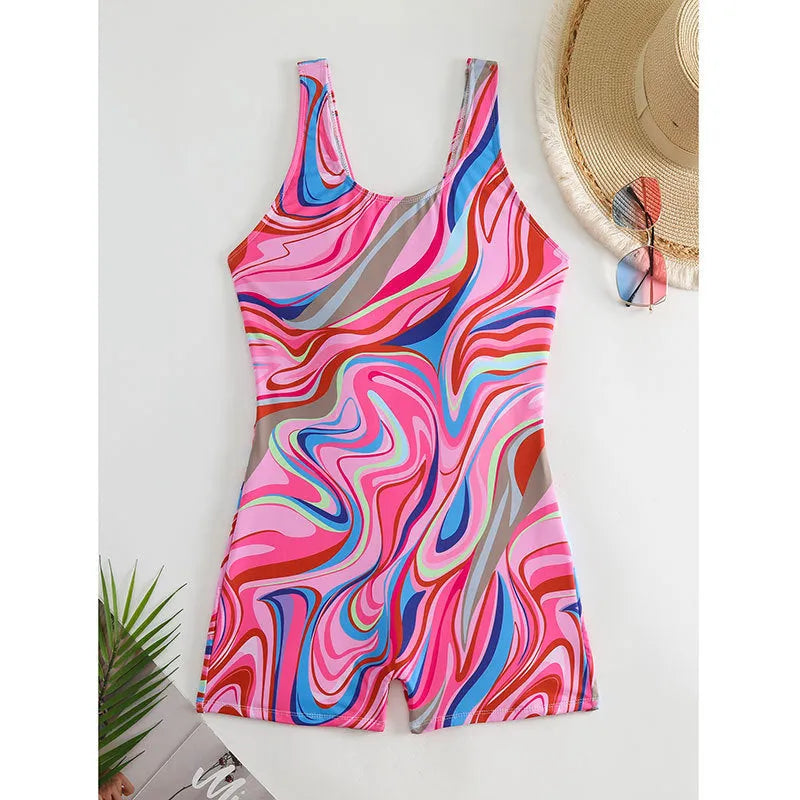 Women's printed high waist backless one-piece swimsuit for swimming activities