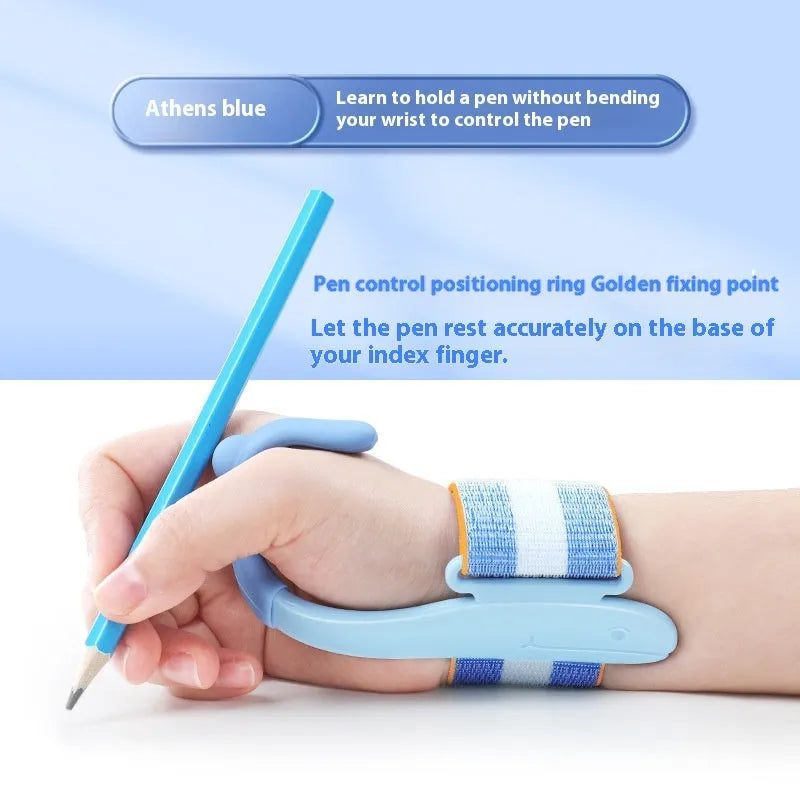 Blue Anti-hook Holder Pen Control Corrector wrist brace on a hand holding a pencil.