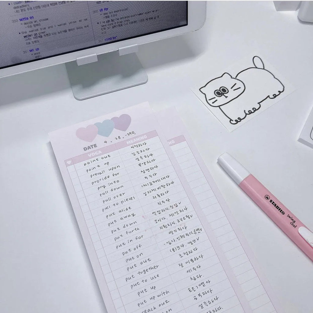 Vertical format B5 half-size notepad with English word printing in pink, purple, or blue cover options
