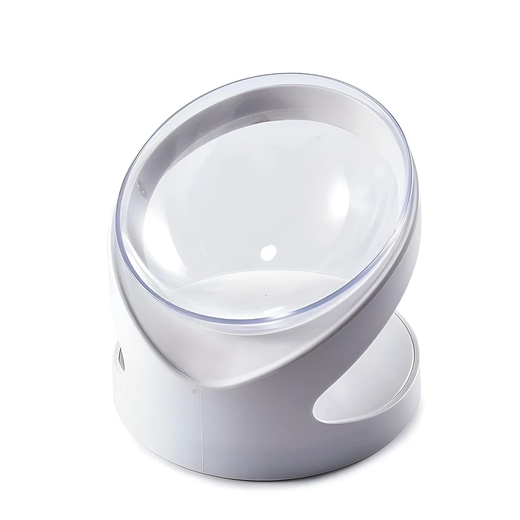 Clear white elevated cat food bowl with ergonomic tilt design for neck support