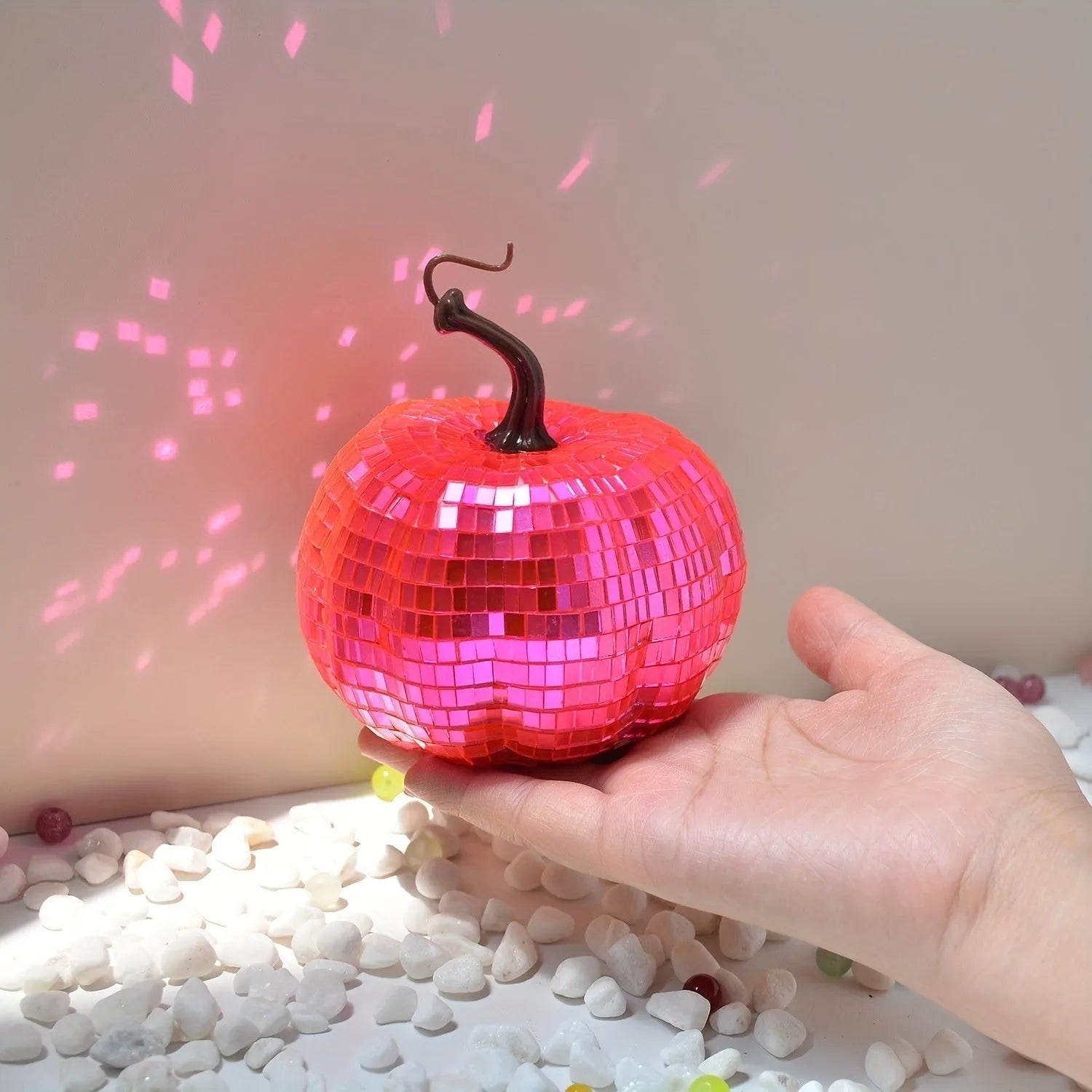 Glass pumpkin mirror ornament in Chinese style with embroidered details, available in five sizes for Halloween and Christmas decor.
