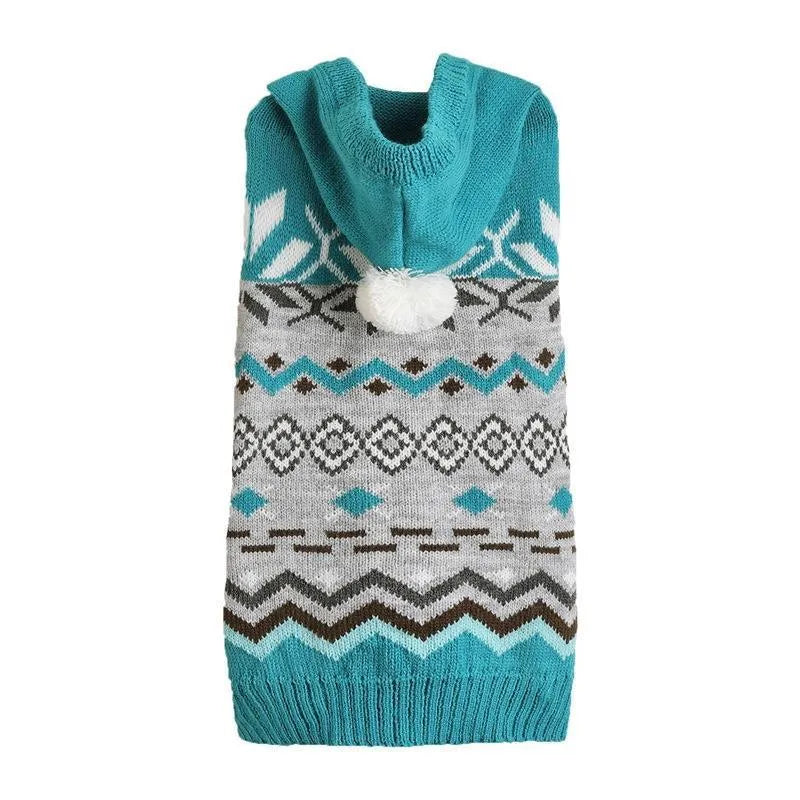 Green pet sweater with diamond pattern on small dog showing acrylic knit texture and sizing
