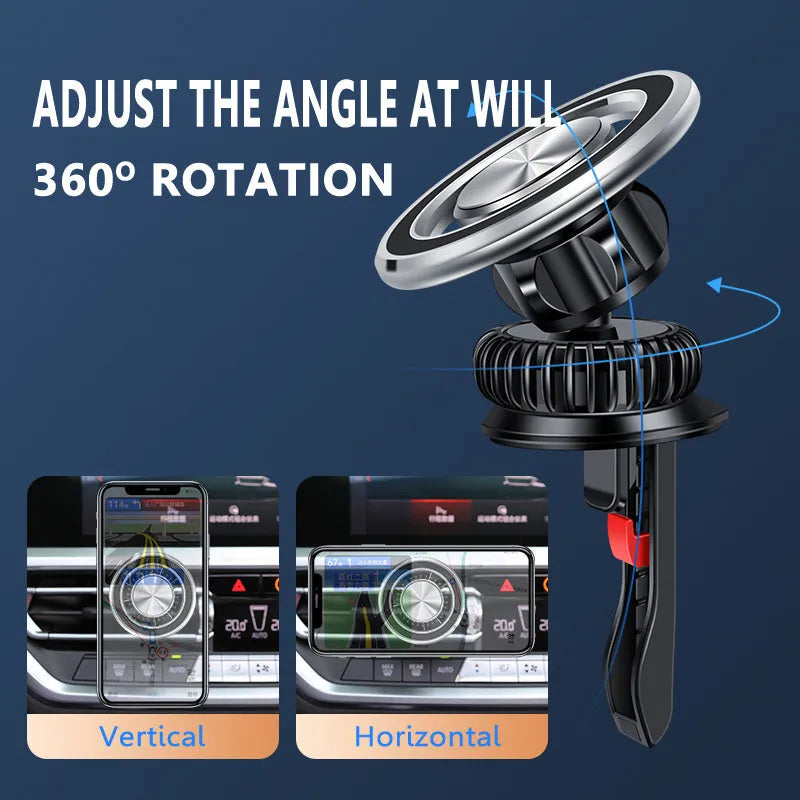 Silver magnetic car air vent phone holder with snap-on bracket and magnetic guide plate