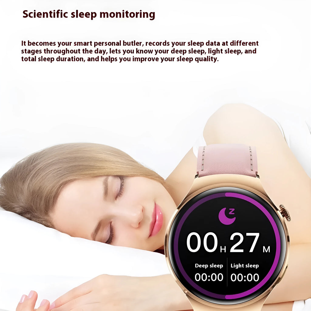 Smart watch with Bluetooth calling women's health tracker gold shell pink silicone strap TFT screen